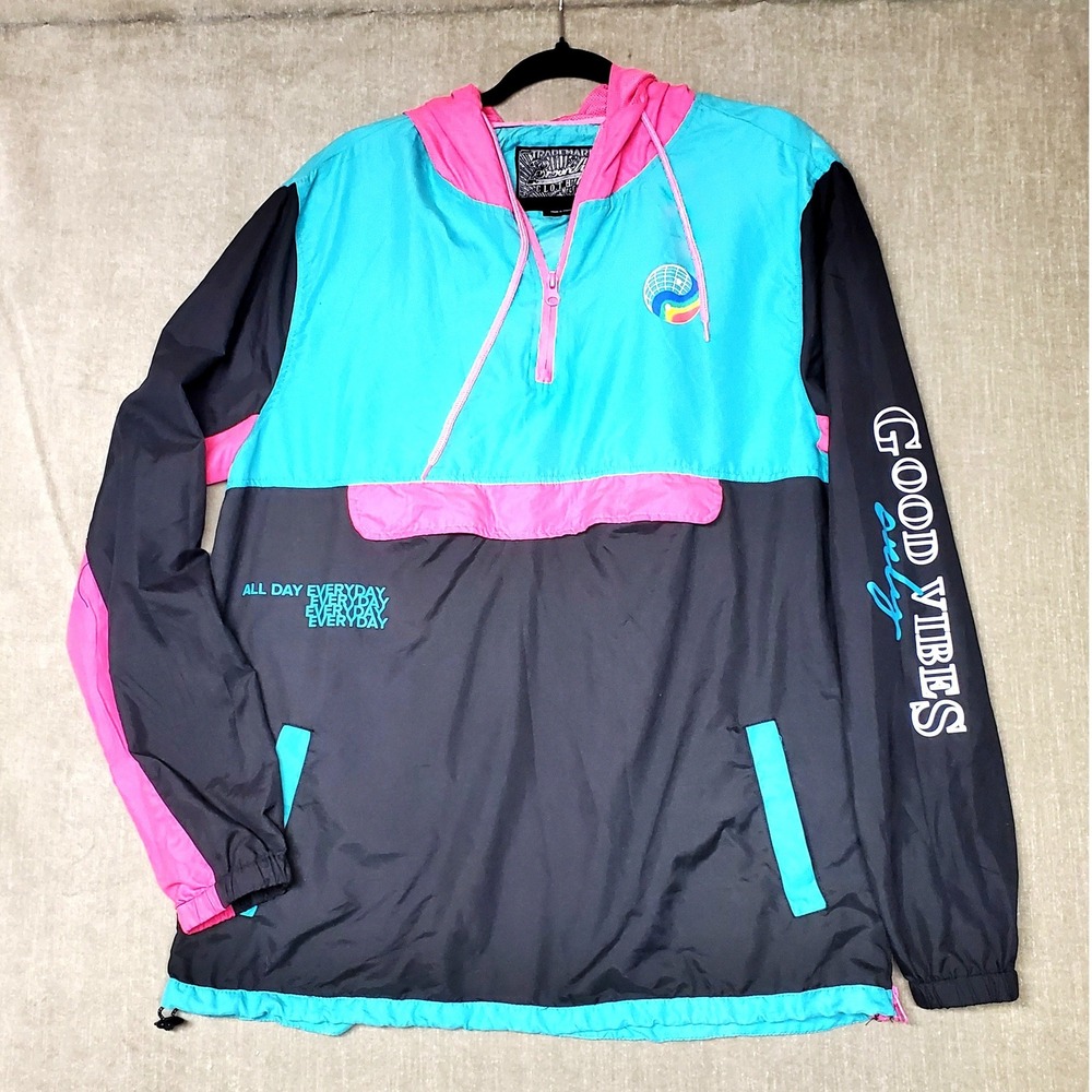 Brooklyn Cloth Mens Colorblock Windbreaker Jacket Teal Pink Black L Good Vibes